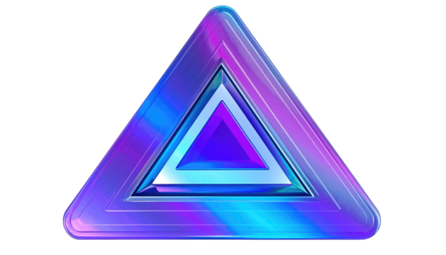 Multilayered triangle with holographic gradient, illuminated with neon blues, pinks, and purples on a dark backdrop