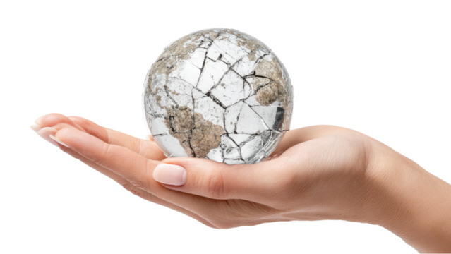 Hand Holding Broken Earth Globe - Environmental Crisis Concept