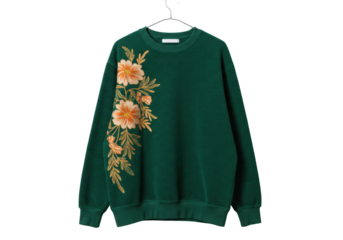 Isolated fashion women's green flower printed sweatshirt on hanger for apparel store