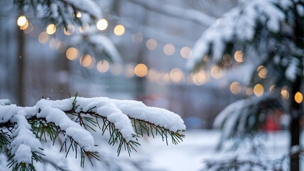 Snow-covered pine branch with elegant blurred festive lights, creating a cozy winter wonderland bokeh background, perfect for Christmas cards, holiday season design, and winter celebrations.