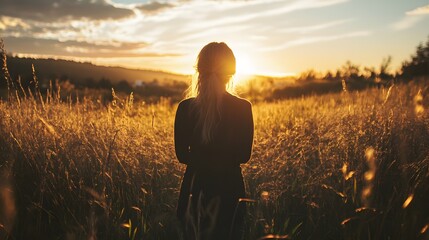 Silhouette of a woman standing in a field of tall grass, looking at the sunset.