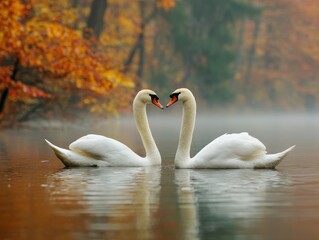 Two Mute Swans Forming Heart Shape in Autumn Lake Serenity Close Up Eye Level Shot in Misty Morning Light