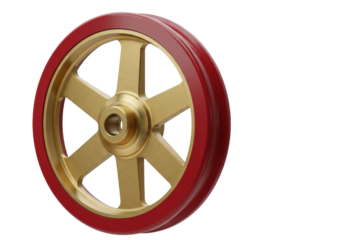 Isolated Wheel with a red tire and golden rim and spokes, no background for compositing