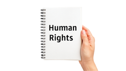 Human Rights Notebook Held by Hand on White Background