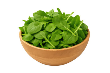 Fresh spinach leaves in wooden bowl transparent background