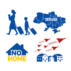 Silhouettes of war in Ukraine: civilians fleeing, refugees family, ukraine map, no home sign, drones, airstrikes, &mdash;illustrating the human and consequences of war