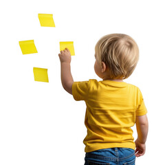 Young child in yellow shirt points to yellow sticky notes on a transparent background isolated on transparent background