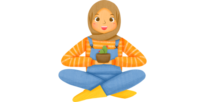 Girl sitting cross legged, holding plant, cartoon illustration, indoor gardening, eco lifestyle, happy woman art, nature lover, sustainability concept, cute character design, home plant care, environm