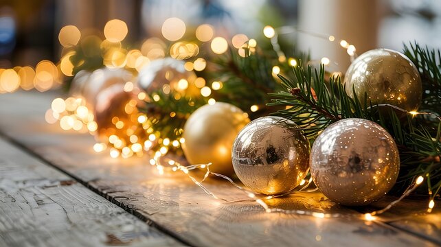 Elegant Christmas festive background, golden ornaments, sparkling lights, pine branches, winter holiday celebration, cozy, warm glow, luxury decor, wooden texture, bokeh, copy space