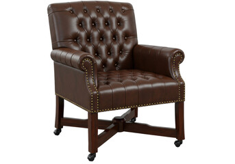 Isolated brown leather tufted office chair on casters, comfortable executive furniture