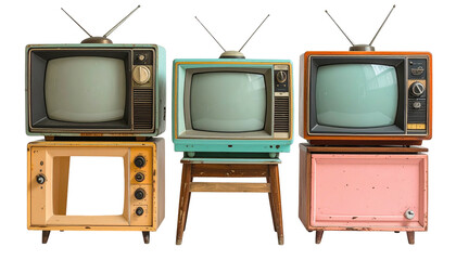 Three pairs of vintage TVs stacked, each in a different pastel color palette, on a black background
