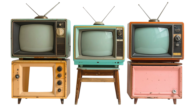 Three pairs of vintage TVs stacked, each in a different pastel color palette, on a black background