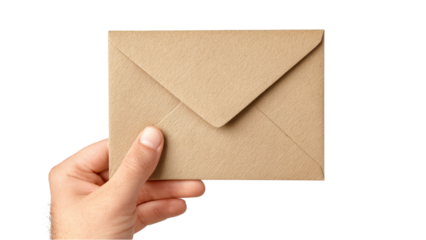Hand Holding Kraft Envelope: Communication, Mail, Invitation on White