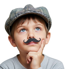 Young boy wearing a flat cap and fake mustache looking up thoughtfully isolated on transparent background
