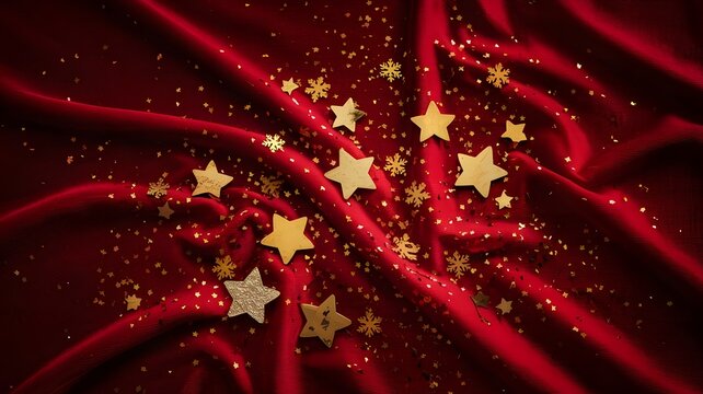 Elegant red velvet Christmas background, golden stars, snowflakes, glitter, festive holiday texture, luxury design, winter celebration, modern style, sparkling backdrop, copy space.