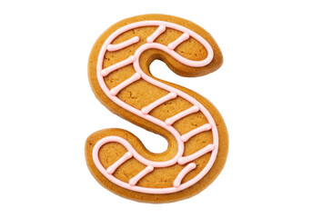 Isolated gingerbread letter S cookie with frosting decoration for holiday season gift