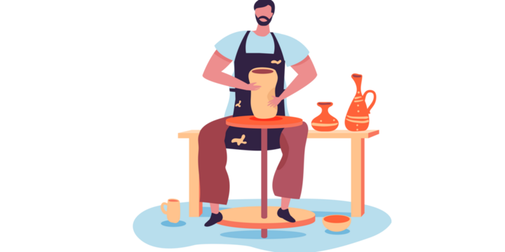 Man creating clay pot on pottery wheel in workshop