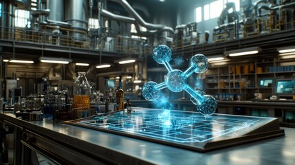 Hologram of molecule hovers above a tablet in a laboratory environment