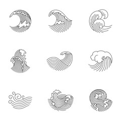 Oriental waves icons japan. Stylized ocean wave curls, japan style tsunami, sea swirls graphics collection. Oceanic water asian decorative ornamental splashes elements. Art vector illustration