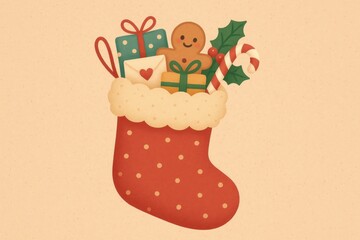 Festive stocking with holiday treats background