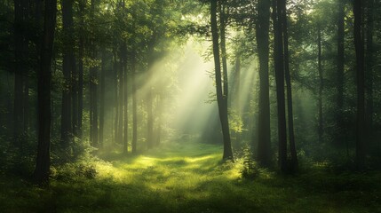 Fototapeta premium Sun rays illuminate a misty forest path, creating a mystical and serene atmosphere.