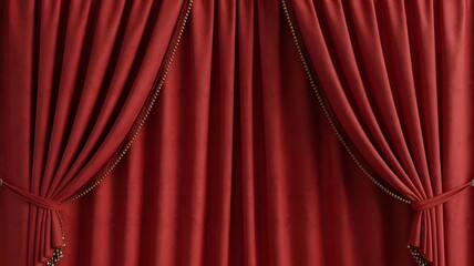 Elegant red velvet curtains, luxurious theater stage background, festive holiday design, richly textured fabric with gold trim, classic grand announcement, copy space, Christmas, modern luxury, des