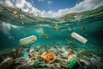 Submerged debris: a haunting underwater scene of ocean plastic pollution and accumulated trash