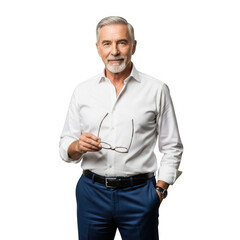 Smiling older man in a white shirt and blue pants holding glasses isolated on transparent background