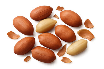 Obraz premium Shelled peanuts with skins and peeled nuts scattered from top view, rich in protein, isolated on transparent background