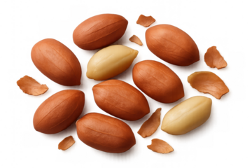 Shelled peanuts with skins and peeled nuts scattered from top view, rich in protein, isolated on transparent background