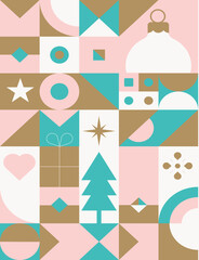 Abstract Christmas background featuring a minimalist geometric pattern of festive holiday icons. Modern Scandinavian style vector illustration
