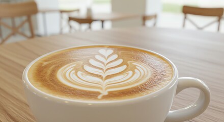 Latte art in white cup on wooden table