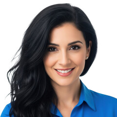 Smiling young woman with dark hair wearing a blue shirt isolated on transparent background