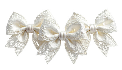 Four ivory lace bows connected by a thin, lighter material, against a dark background