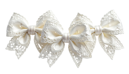Four ivory lace bows connected by a thin, lighter material, against a dark background