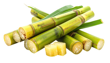 Pile of raw sugarcane stalks and cut pieces with green leaves, isolated on a black backdrop