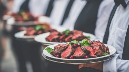 Waiters Carrying Plates of Sliced Steak with Greens and Cranberries at Formal Event Close Up