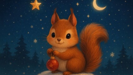 Fototapeta premium Whimsical squirrel under starry sky desktop wallpaper