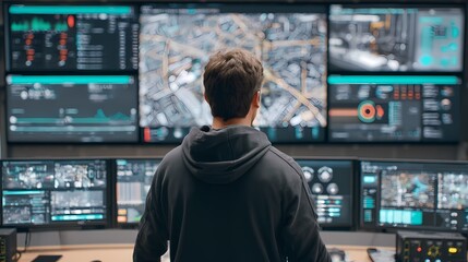 Technician Operating Touchscreen Control Panel Displaying Real-Time 5G Network Map in Smart Factory