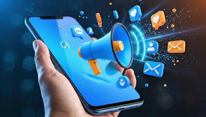 3D illustration of a hand holding a smartphone with a megaphone and floating social media icons such as like, message, and user symbols. Perfect for concepts related to digital marketing, social media - Powered by Adobe