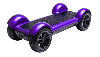 Sleek purple skateboard, futuristic design, with four covered wheels, hovering against a stark black backdrop