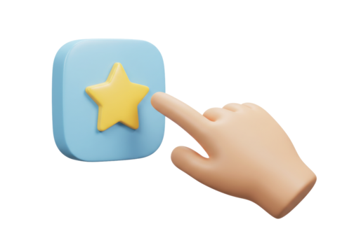Isolated hand about to tap a yellow star icon on a light blue square button in 3D render
