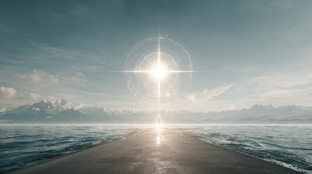 A pathway to a luminous, celestial portal over a tranquil lake.