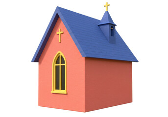 Isolated model of a small church building, with blue roof, red walls, and cross on top