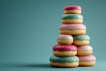 Colorful pastel donut stack on teal background for dessert display and celebration