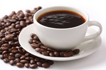 Obraz premium Close-up of Hot Black Coffee in White Cup with Roasted Coffee Beans on Saucer and Tabletop Studio Shot
