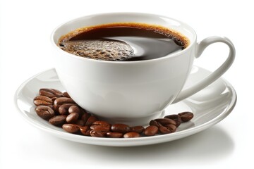 Fototapeta premium Cup of Black Coffee with Beans on Saucer Close Up Studio Shot on White Background Minimalist Style
