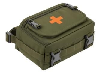 Isolated first aid kit in khaki color, emergency medical supplies, military trauma kit design