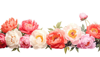 Floral border of vibrant pink, red, and white peonies with green leaves, on a transparent black background