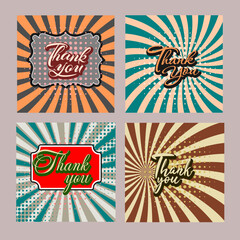 Collection of thank you greetings with retro sun rays background. Colorful sun rays vector illustration.